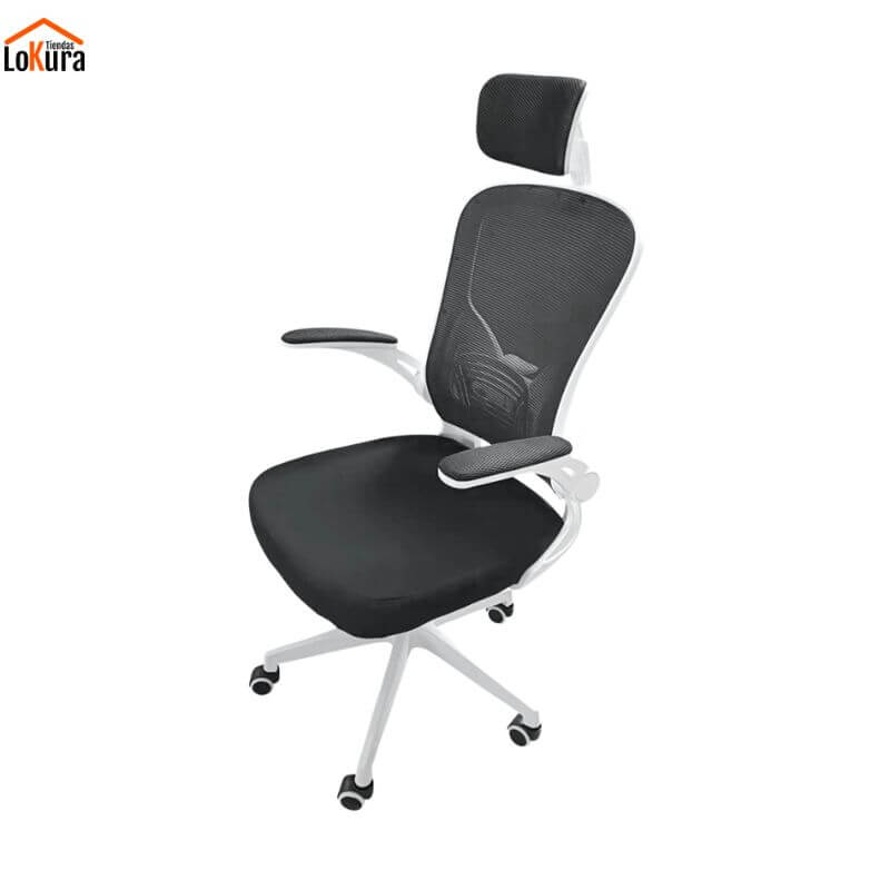 Silla de oficina ergonómica negra con respaldo alto y brazos regulables