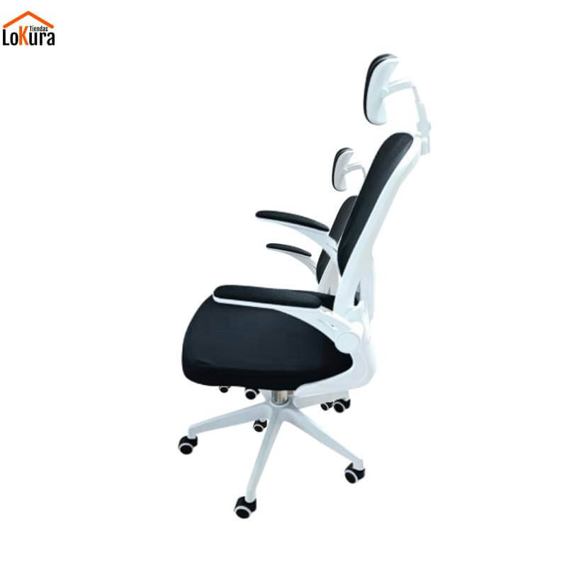 Detalle de silla de oficina ergonómica con soporte lumbar ajustable y malla transpirable, ideal para el confort en Canarias