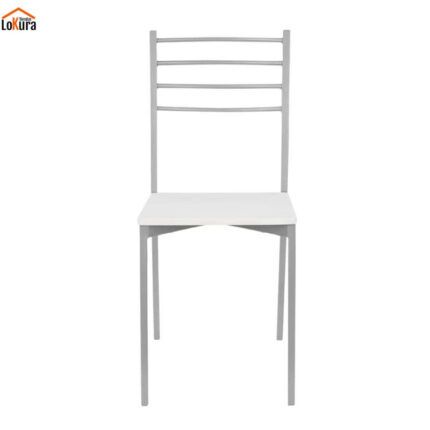 Vista frontal de silla metálica comedor con asiento blanco y patas en color plata