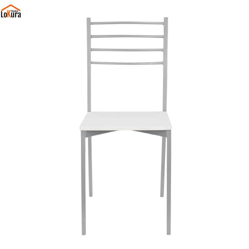 Vista frontal de silla metálica comedor con asiento blanco y patas en color plata