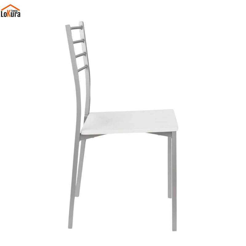 Vista lateral de silla metálica comedor con respaldo metálico y asiento blanco
