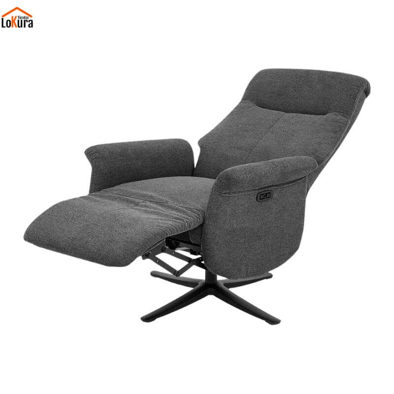 sillón relax eléctrico 2 motores Anau gris oscuro reclinado con reposapiés extendido y respaldo ajustado