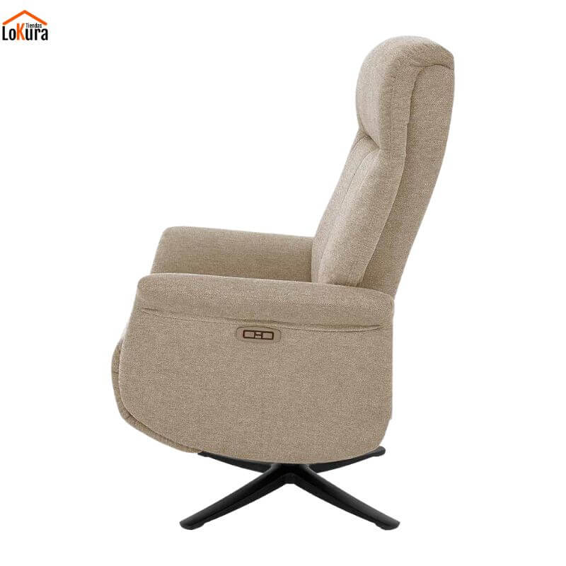 vista lateral sillón relax eléctrico 2 motores Anau color piedra con botonera integrada y base giratoria