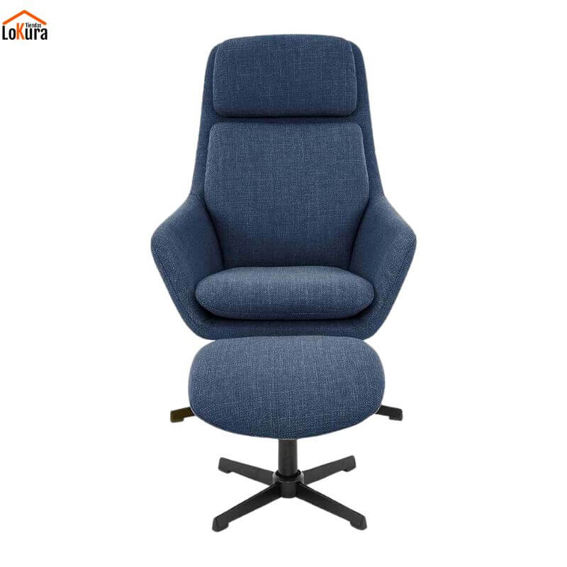vista frontal sillón relax giratorio Merin azul con reposapiés y diseño ergonómico