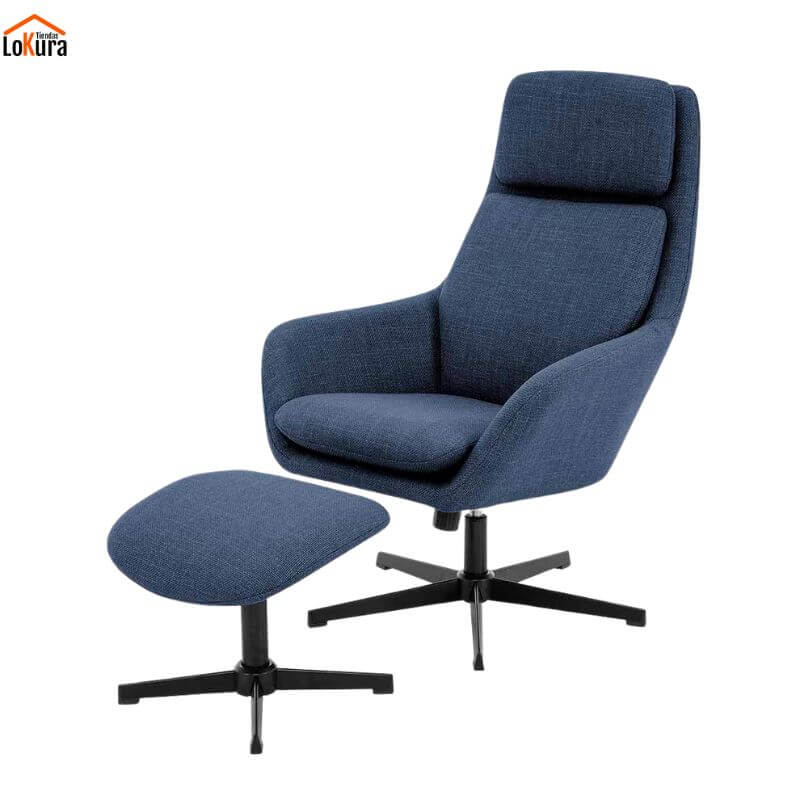 Sillón relax giratorio azul oscuro con reposapiés y base giratoria de 5 aspas