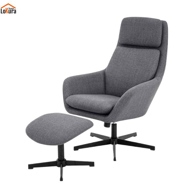 sillón relax giratorio gris con reposapiés tapizado en tela Bjorn
