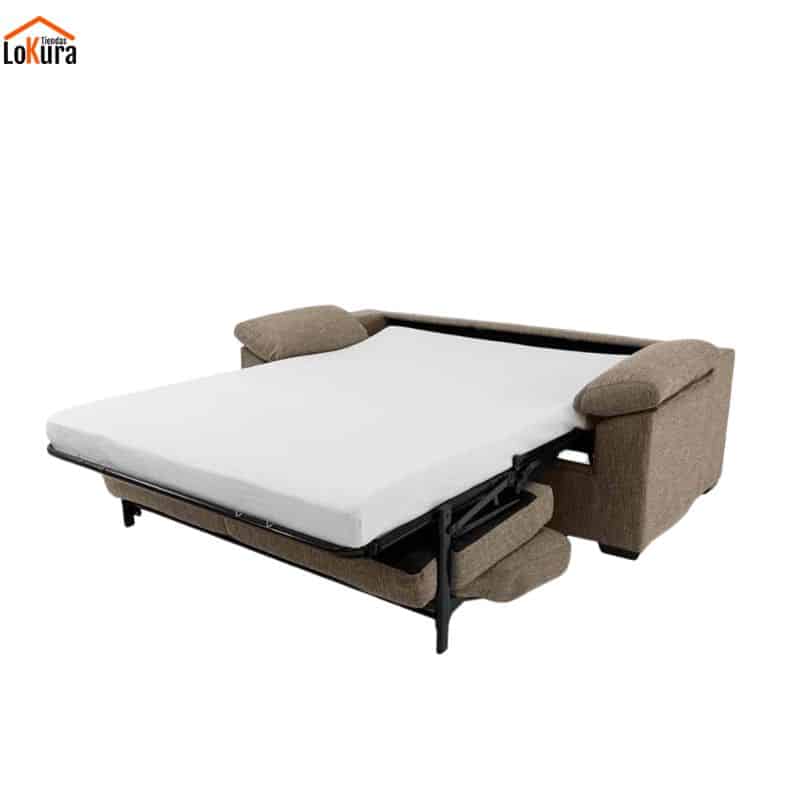 Sofá cama apertura italiana beige abierto con colchón de 140x190 cm desplegado