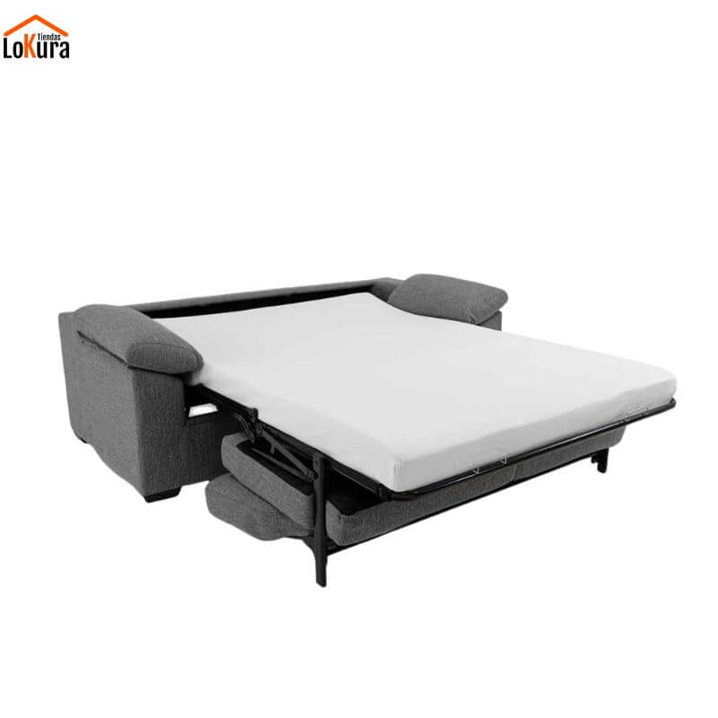 Sofá cama apertura italiana gris abierto con colchón de 140x190 cm totalmente desplegado