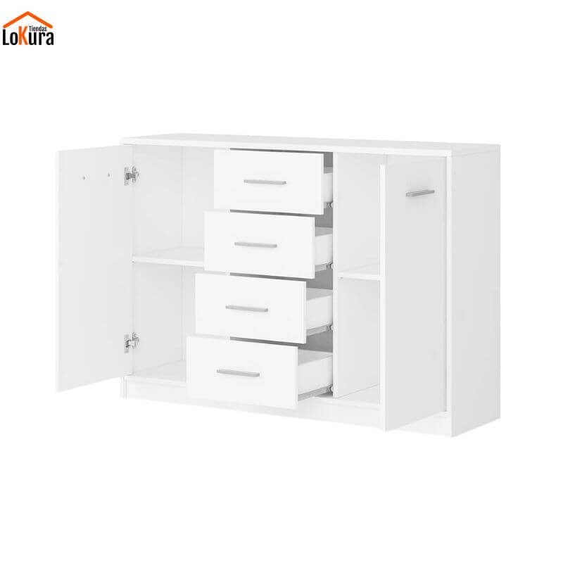 Aparador blanco Nepo con puertas abiertas y cajones extraíbles, muestra de capacidad interior