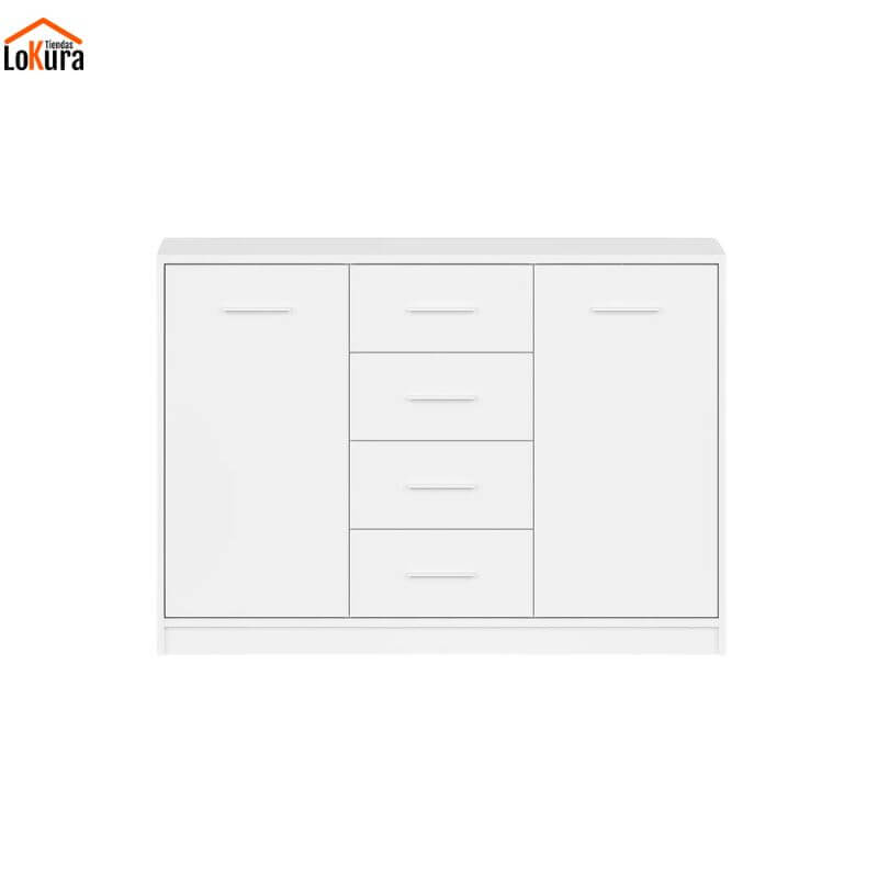 Aparador moderno blanco Nepo frontal con 4 cajones y 2 puertas, ideal para espacios pequeños