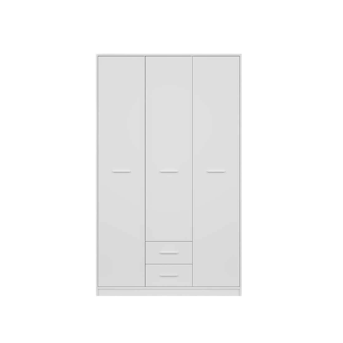 Vista frontal del armario blanco 120 cm NEPO con 3 puertas y 2 cajones