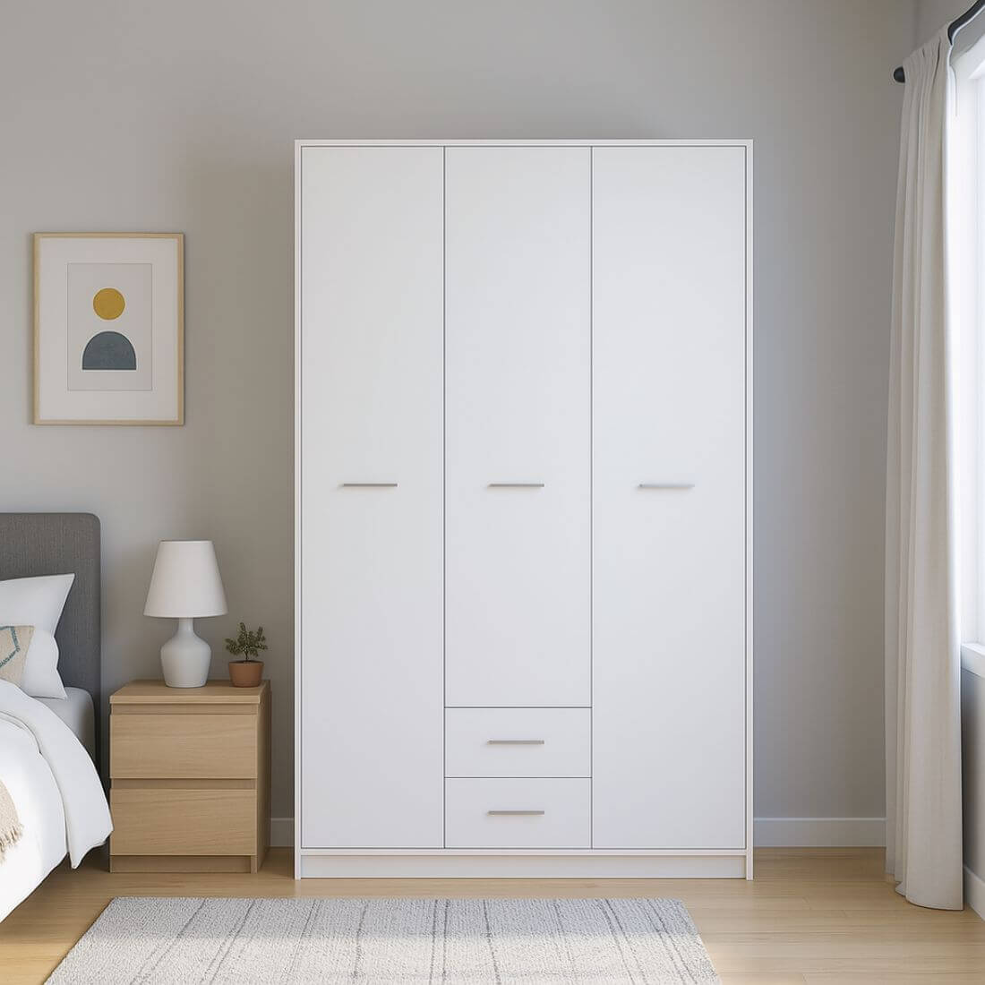 Armario blanco 120 cm NEPO en dormitorio moderno con luz natural