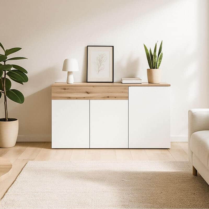 Buffet blanco madera Rebeca en salón luminoso estilo escandinavo