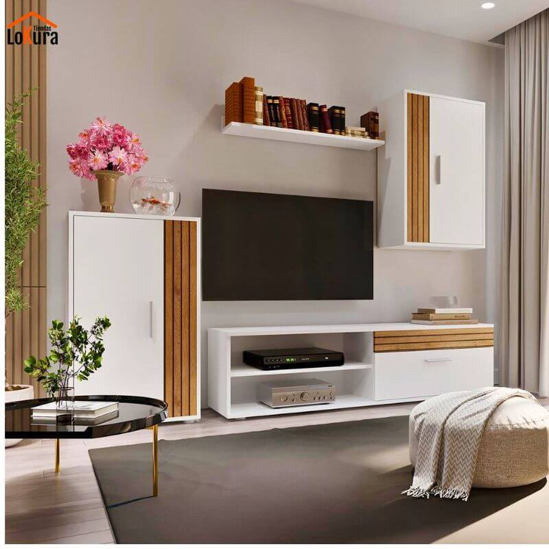 Conjunto TV salón Mini moderno blanco y tablilla con estantería y módulo para TV de hasta 65 pulgadas