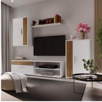 Conjunto TV salón Mini blanco con módulos, estantería y mueble bajo para TV hasta 65 pulgadas