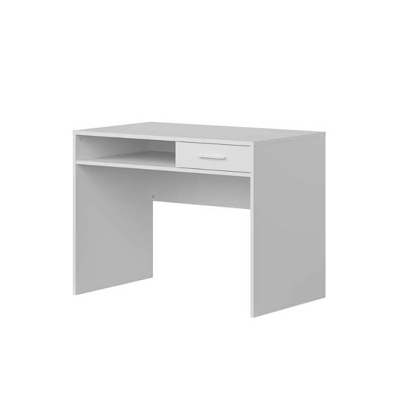 Vista lateral del escritorio pequeño para oficina Nepo blanco con cajón