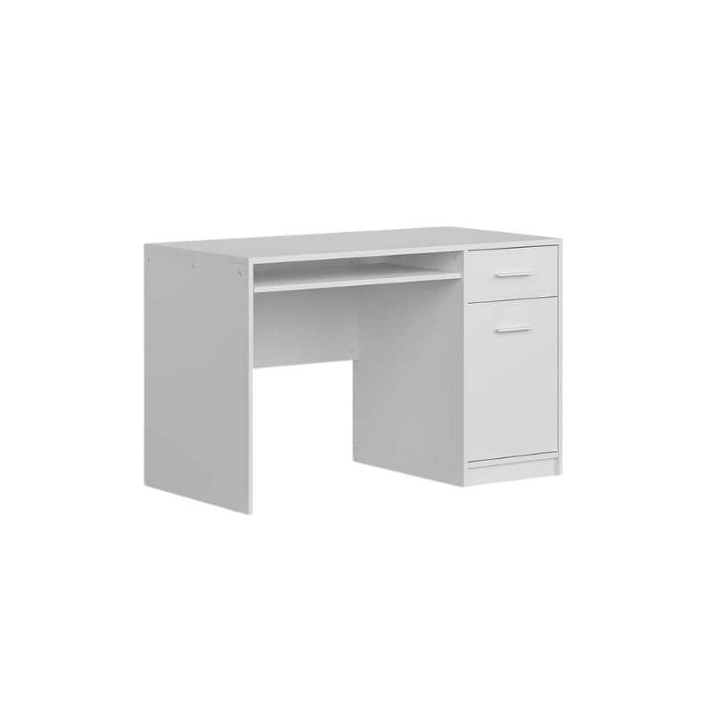 Vista lateral de mesa estudio con cajonera Nepo blanca de 120 cm para espacios pequeños