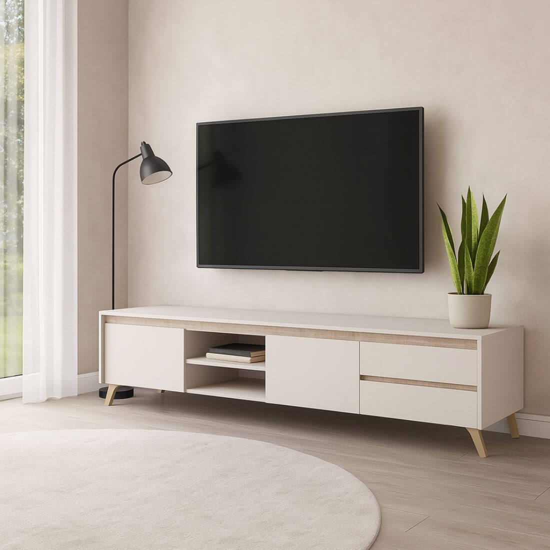 Mueble para tv 2 metros en salón moderno iluminado con decoración natural