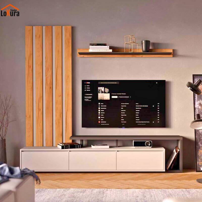 Mueble TV con panel KLER moderno en madera roble con estante flotante y diseño elegante para salón