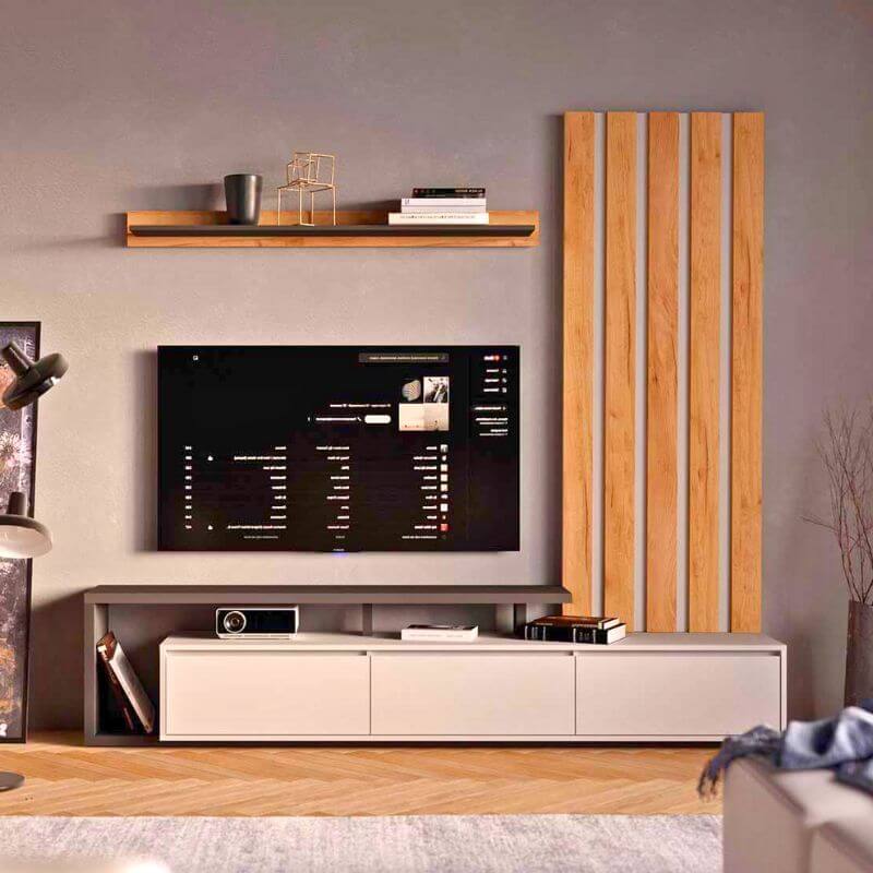 mueble TV con estante flotante y panel de madera para televisor