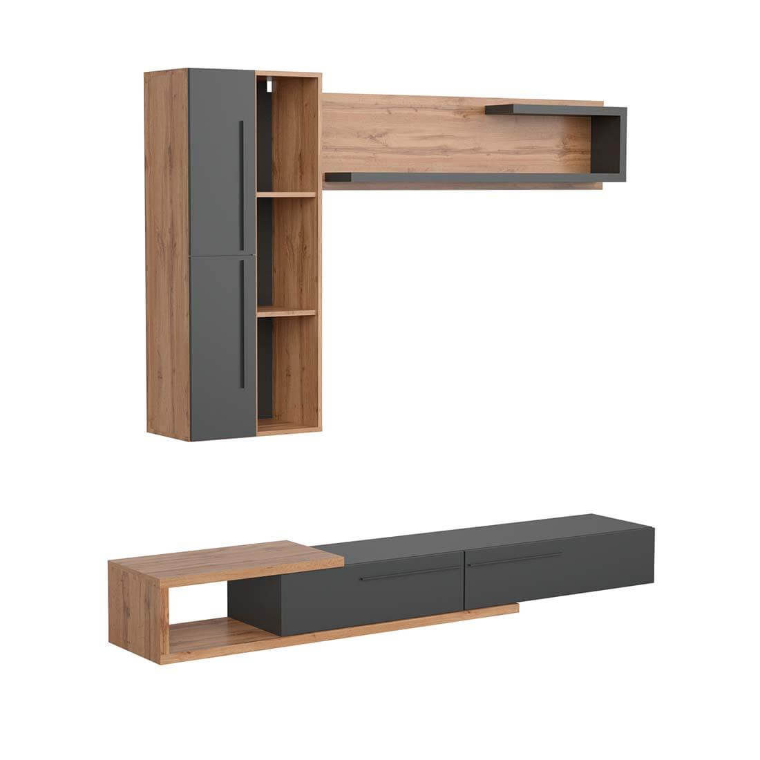 Muebles para sala de TV modernos Normandia en acabado taho-antracita con estante superior y módulos verticales