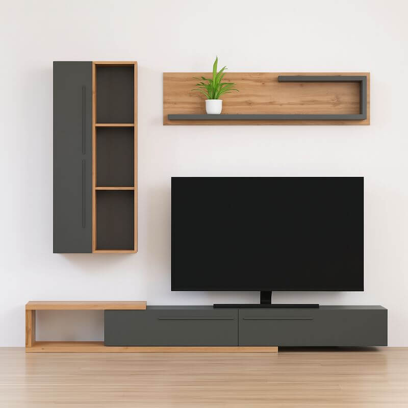 Muebles para sala de TV modernos Normandia en color taho-antracita con estante, módulo alto y mueble bajo