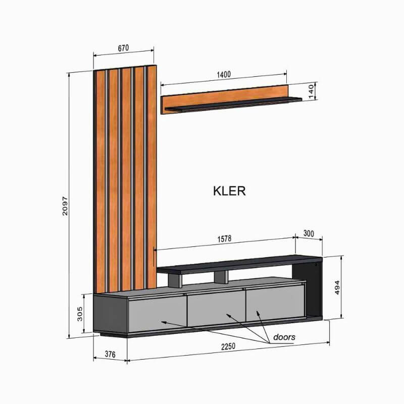 Plano técnico del mueble TV con panel KLER con medidas exactas en cm y distribución modular