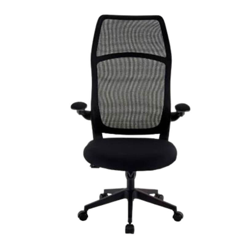 Vista frontal de la silla con respaldo de malla OFI2100 negra ergonómica para oficina en Canarias