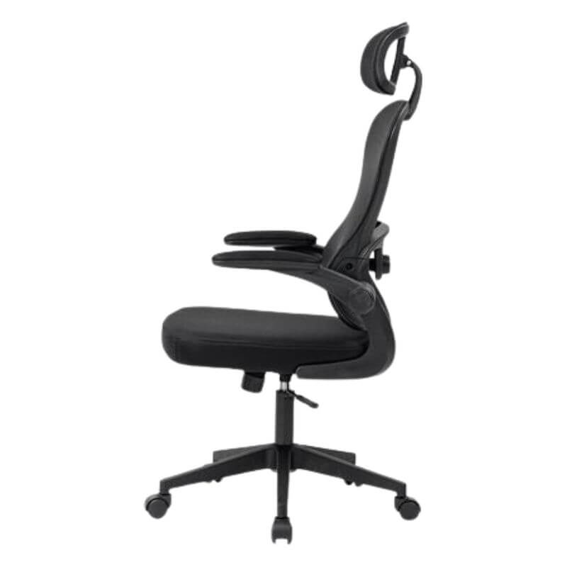 Vista lateral de la silla con respaldo de malla OFI2100 negra ergonómica para oficina en Canarias