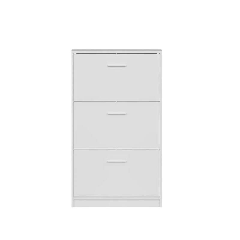 Vista frontal del zapatero estrecho para entrada Nepo blanco con 3 trampones, diseño moderno y compacto