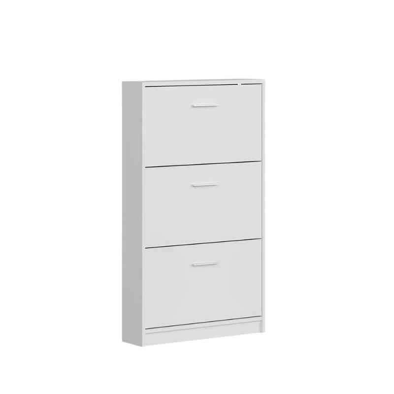Vista lateral del zapatero estrecho para entrada Nepo blanco con 3 trampones, diseño vertical y moderno