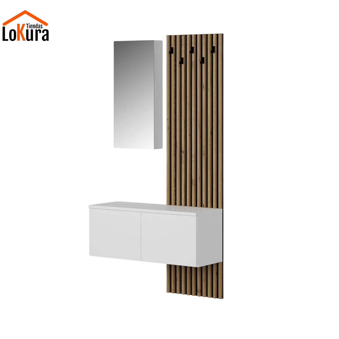 Conjunto muebles entrada blanco con panel de madera y espejo moderno
