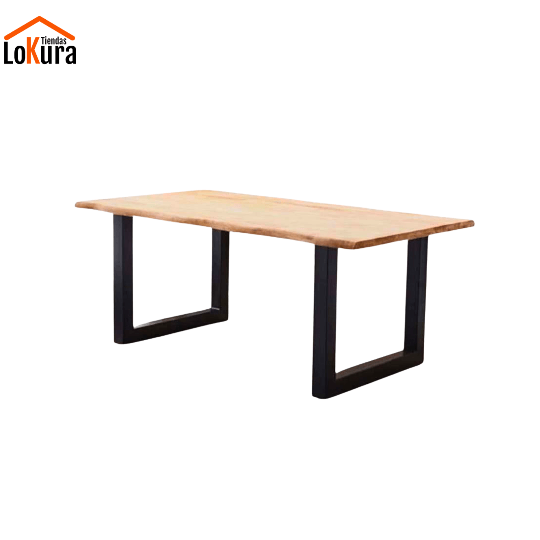 Mesa rectangular para comedor con tapa de madera roble y patas metálicas negras en forma de U