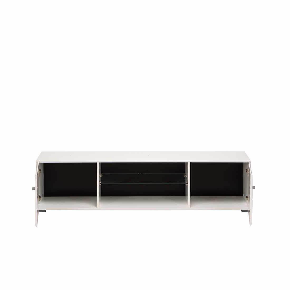 Interior abierto del mueble para TV 170 cm con estantes amplios