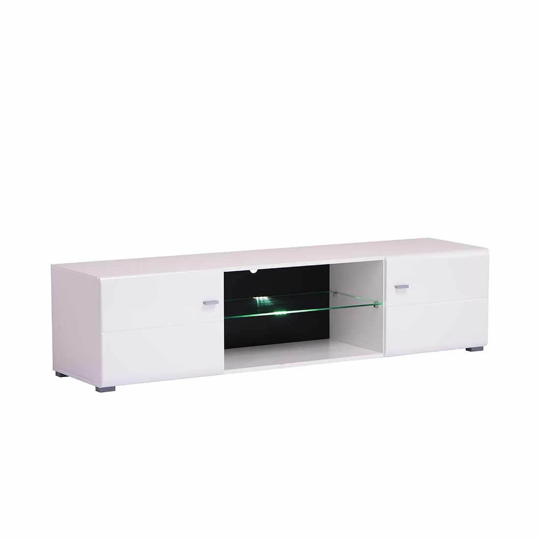 Vista lateral del mueble para TV 170 cm con estante de cristal iluminado