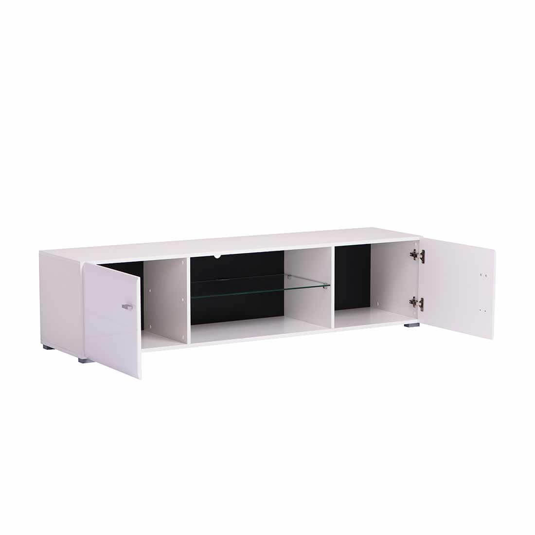 Mueble para TV 170 cm blanco con puertas abiertas y gran capacidad