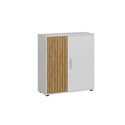 Aparador de 80 cm largura, detalle frontal en blanco y tablilla, ideal para espacios compactos.
