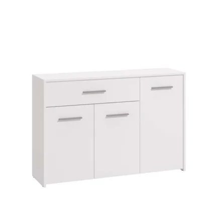 Aparador para comedor pequeño blanco con 3 puertas y 1 cajón, diseño moderno y fondo estrecho
