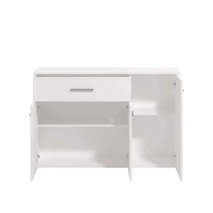 Aparador para comedor pequeño blanco con puertas y cajón abiertos mostrando almacenamiento interior