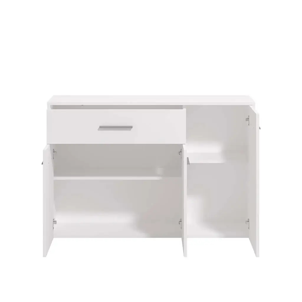 Aparador para comedor pequeño blanco con puertas y cajón abiertos mostrando almacenamiento interior