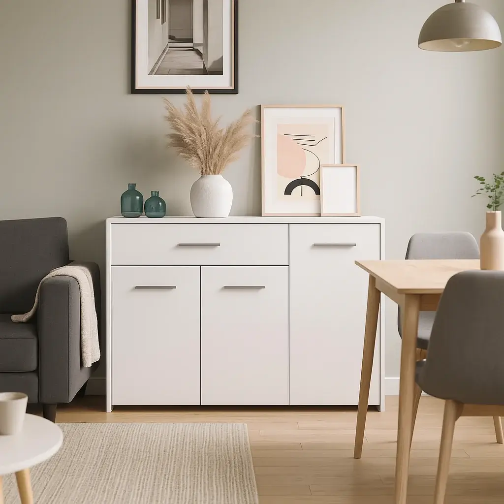 Aparador para comedor pequeño blanco en salón moderno iluminado, ideal para organizar con estilo