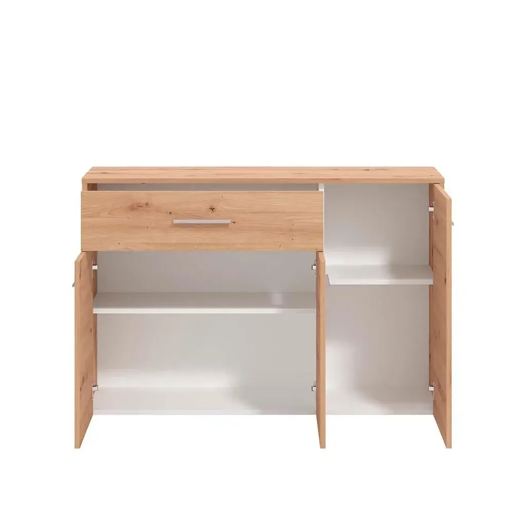 Aparador para comedor pequeño roble artisan con interior visible, puertas abiertas y baldas funcionales