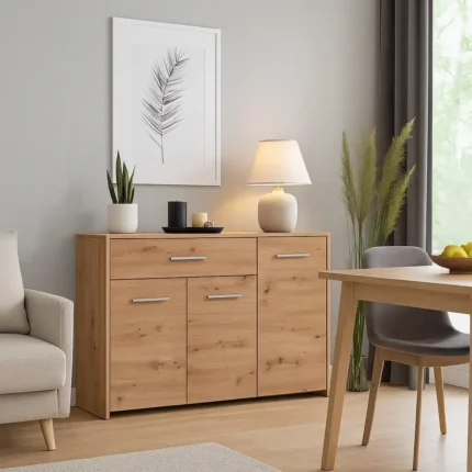 Aparador para comedor pequeño roble en salón decorado, con almacenaje funcional y diseño cálido