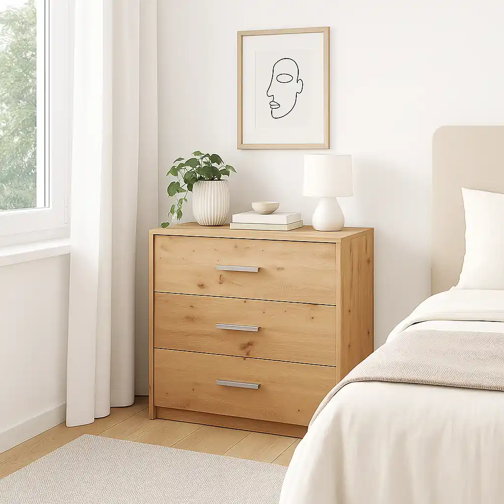 Cómoda barata con cajones Garona en color artisan colocada en dormitorio moderno e iluminado, estilo funcional