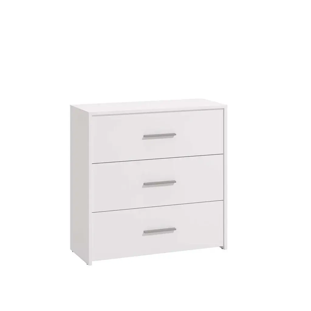 Cómoda barata con cajones Garona en color blanco, diseño moderno con 3 cajones amplios y tiradores grises
