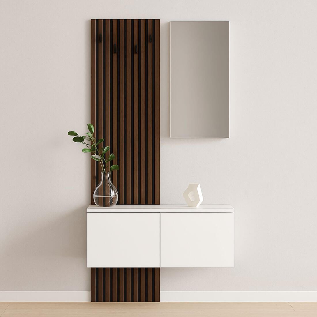 conjunto muebles entrada Arika con espejo, panel tablilla y módulo colgante en blanco y madera para recibidores modernos.