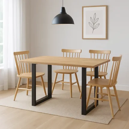 Mesa comedor metal y madera Ondas en comedor moderno con luz natural, estilo industrial y capacidad para 4 personas