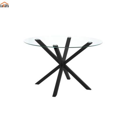Mesa de comedor redonda de cristal Bolton de 110 cm con patas negras cruzadas