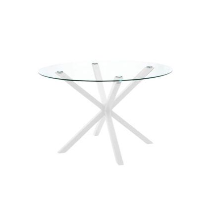 Mesa comedor redonda cristal Bolton de 110 cm con patas blancas cruzadas