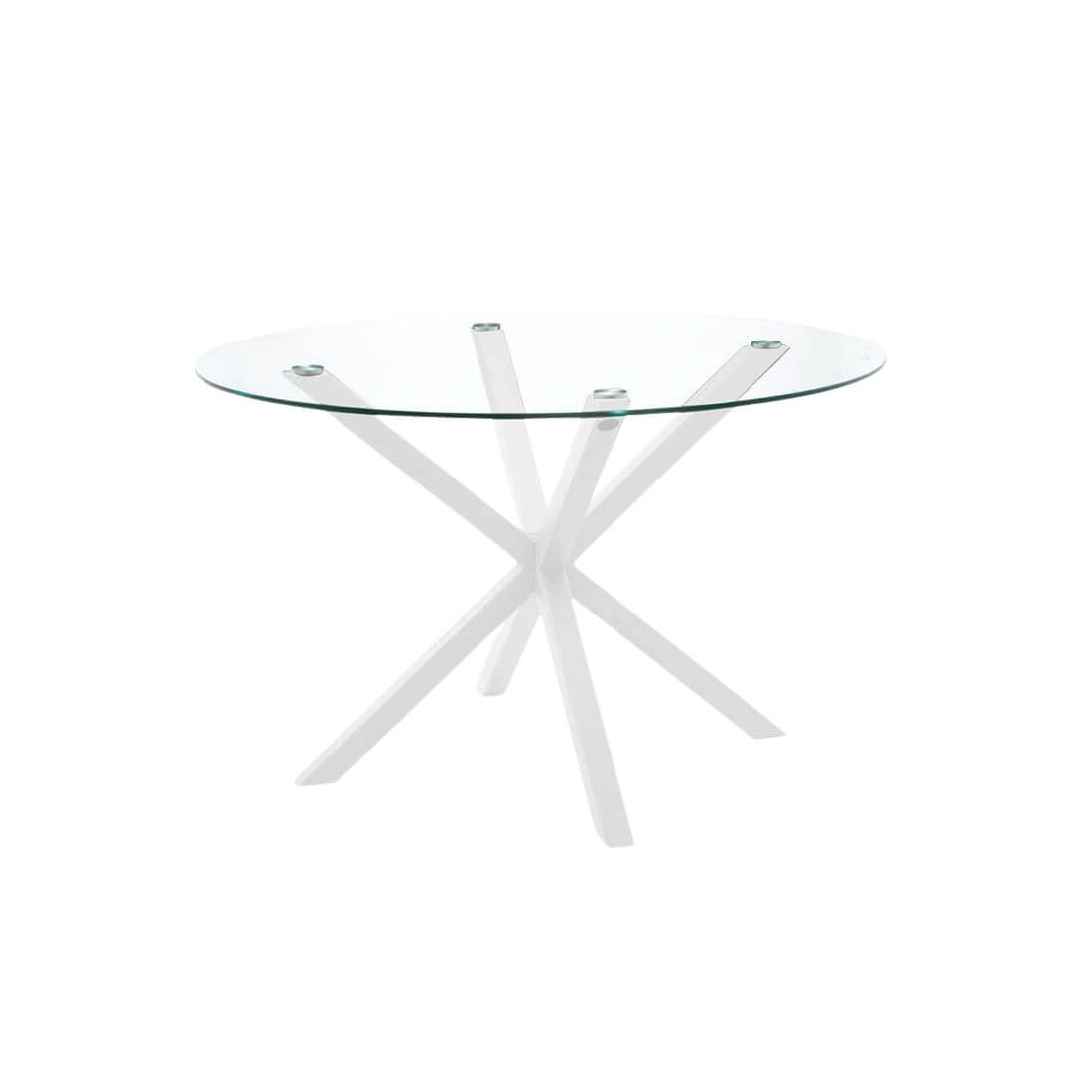 Mesa comedor redonda cristal Bolton de 110 cm con patas blancas cruzadas